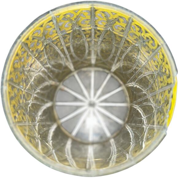 Vintage Hollywood Regency Yellow Filigree Waste Trash Basket Can W/ Liner - Picture 4 of 11